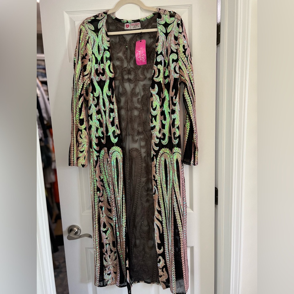 **Southern Fried Chics Sequin Embellished Mesh Duster - Size XL**
